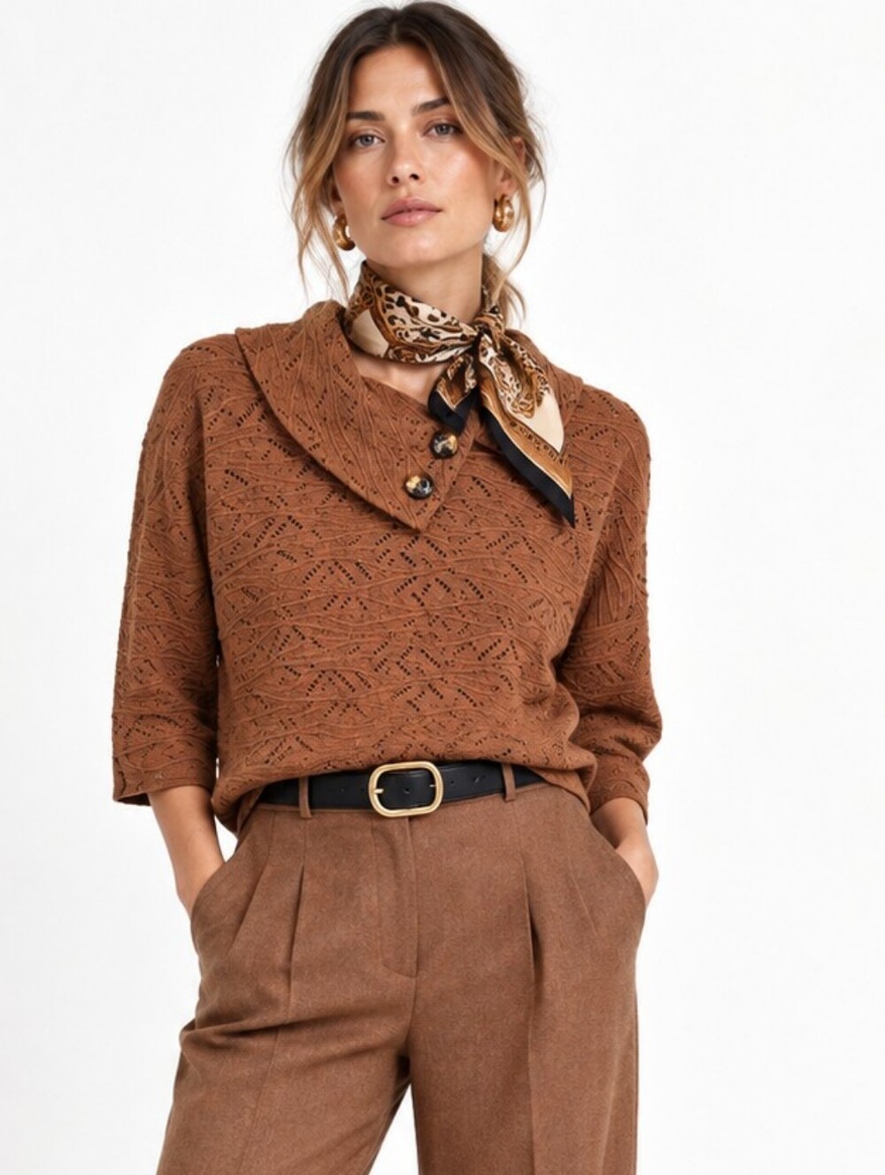 Joseph Ribkoff Top Cocoa Knit Open Weave Turned Collar